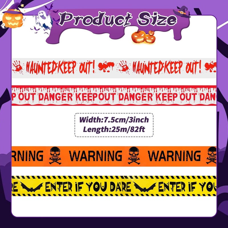 BeadRiver 4 Pack Halloween Caution Tape Decorations 3 Inch x 82 Feet Scary Warning for Indoor Outdoor Decor Crime Scene Party Decorations Haunted House Danger Zones - Image 2